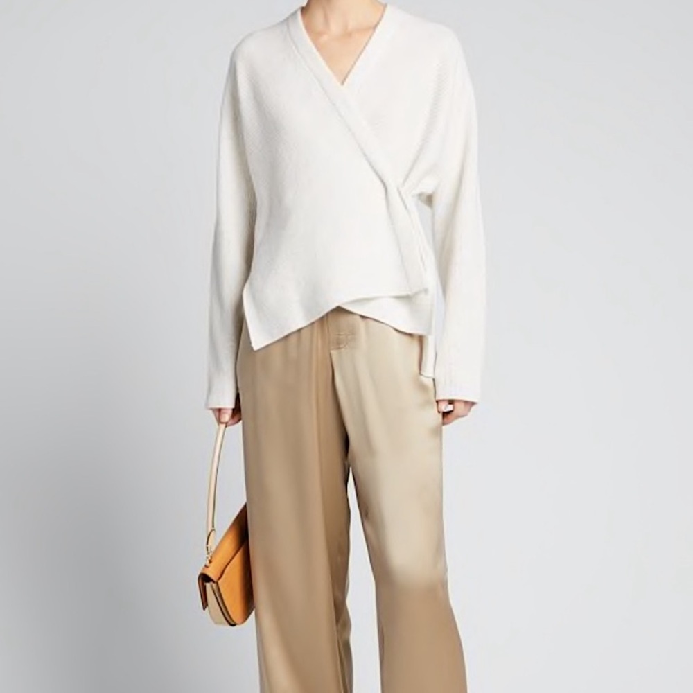 VINCE CASHMERE WOOL WRAP V NECK CARDIGAN SWEATER OVERSIZED Heather White XS